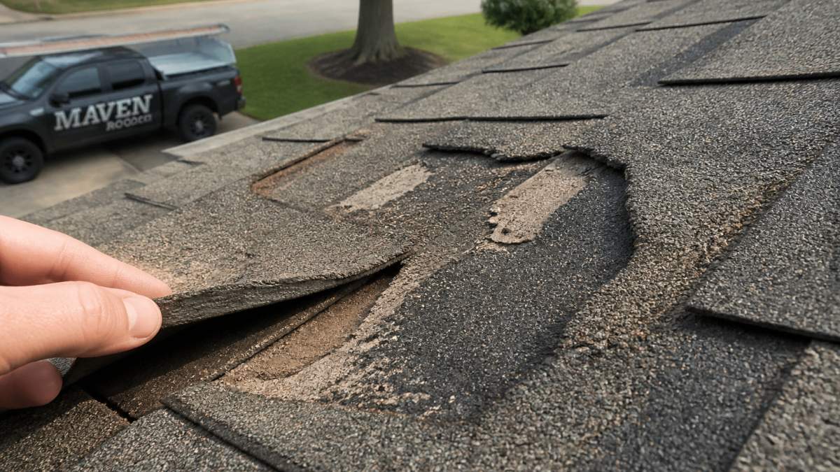 Close-up of residential roof shingles showing granule loss, curled edges, and visible deterioration patterns on an older asphalt shingle surface