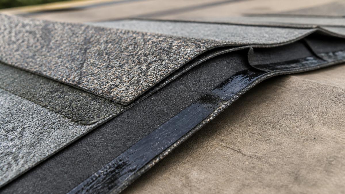 Close-up of asphalt shingle surface showing granule texture, sealant strips, and layered construction under natural lighting to demonstrate weather-resistant design