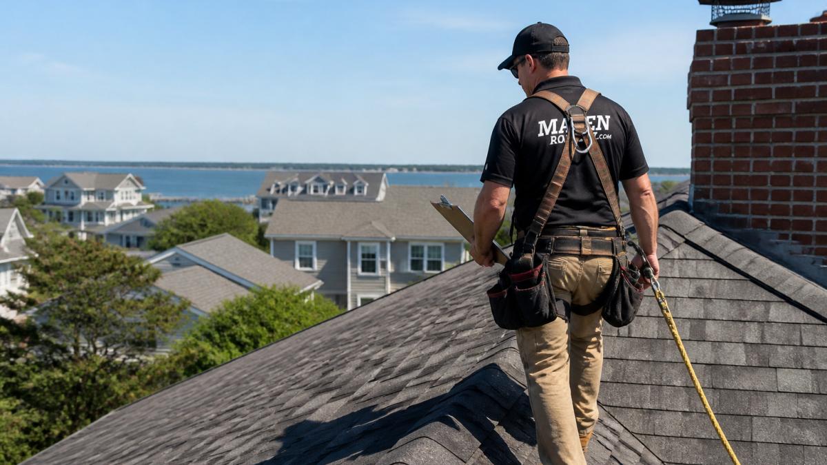 A roofing inspector in a safety harness walking a residential shingle roof with a clipboard, checking shingles near a chimney, coastal neighborhood visible in the background