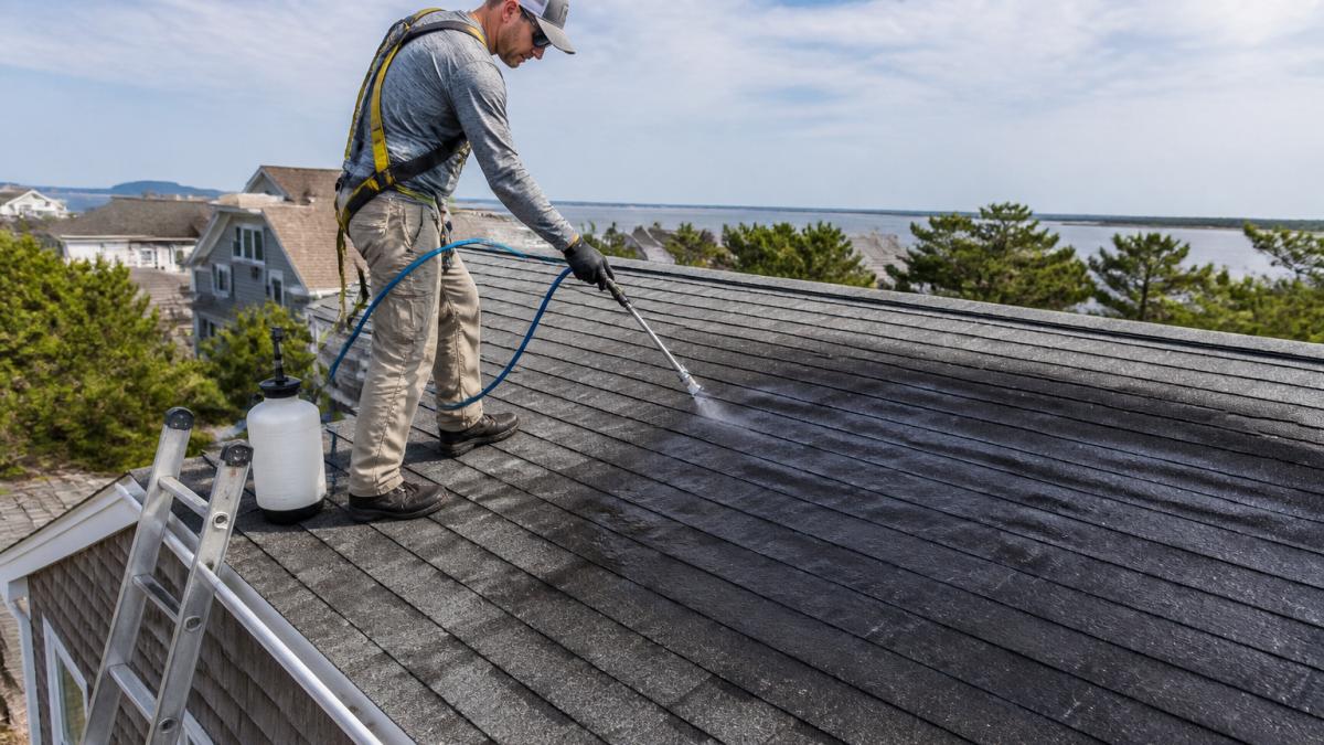 A roofing technician in safety gear applying a spray treatment to an aging asphalt shingle roof on a coastal home, with a ladder and equipment visible in the foreground