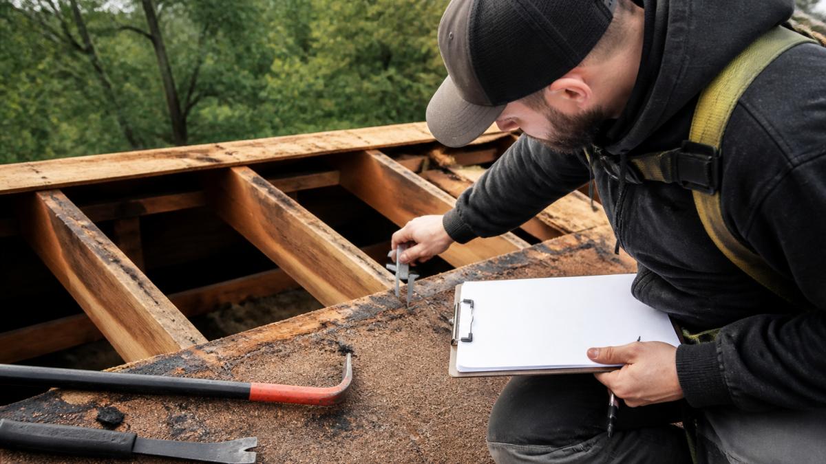 Professional contractor using a depth gauge or measuring tool against exposed roof sheathing, carefully recording measurements with clipboard in hand