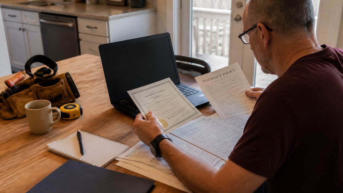 A homeowner at a kitchen table reviewing a roofing contractor's license and insurance documents on a laptop, with a notepad and coffee nearby