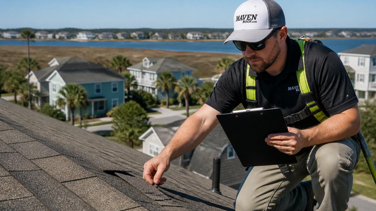 A roofing inspector in safety gear on a residential asphalt shingle roof, examining shingle condition with a clipboard in hand, coastal North Carolina neighborhood visible in the background