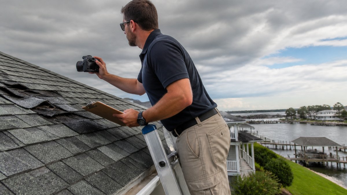 A roofing contractor on a ladder photographing damaged asphalt shingles on a coastal home, clipboard and camera in hand, storm clouds clearing in the background