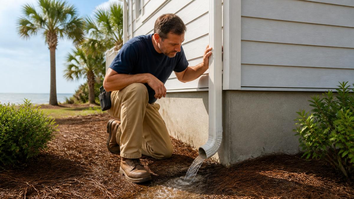 Homeowner inspecting a downspout extension to help with preventing water damage in coastal homes.