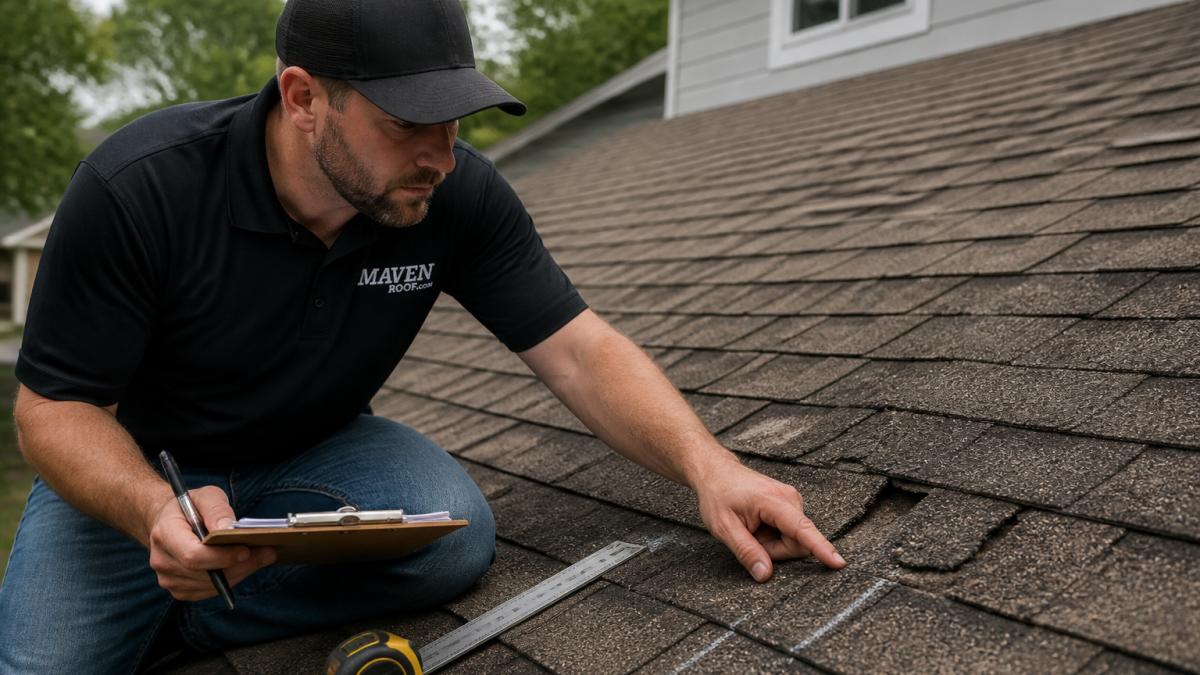 Professional roofing inspector checking asphalt shingles for damage during an assessment to see what is the 25% rule for